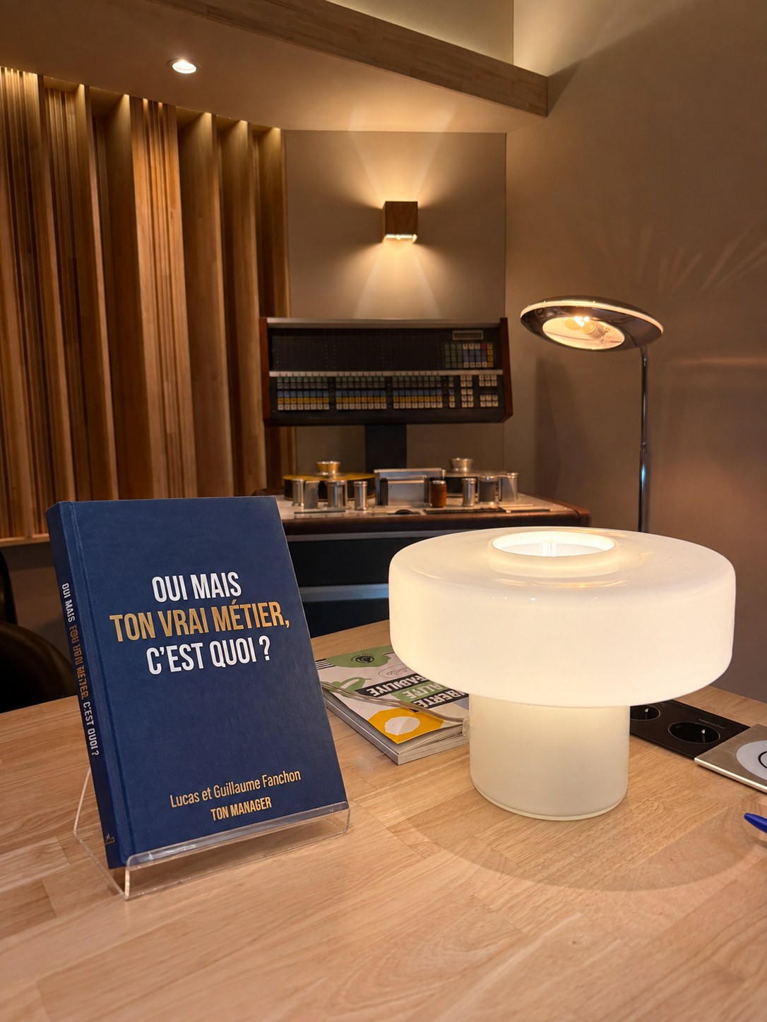 Le livre « Oui mais ton vrai métier, c'est quoi ? » posé dans un vrai studio d'enregistrement